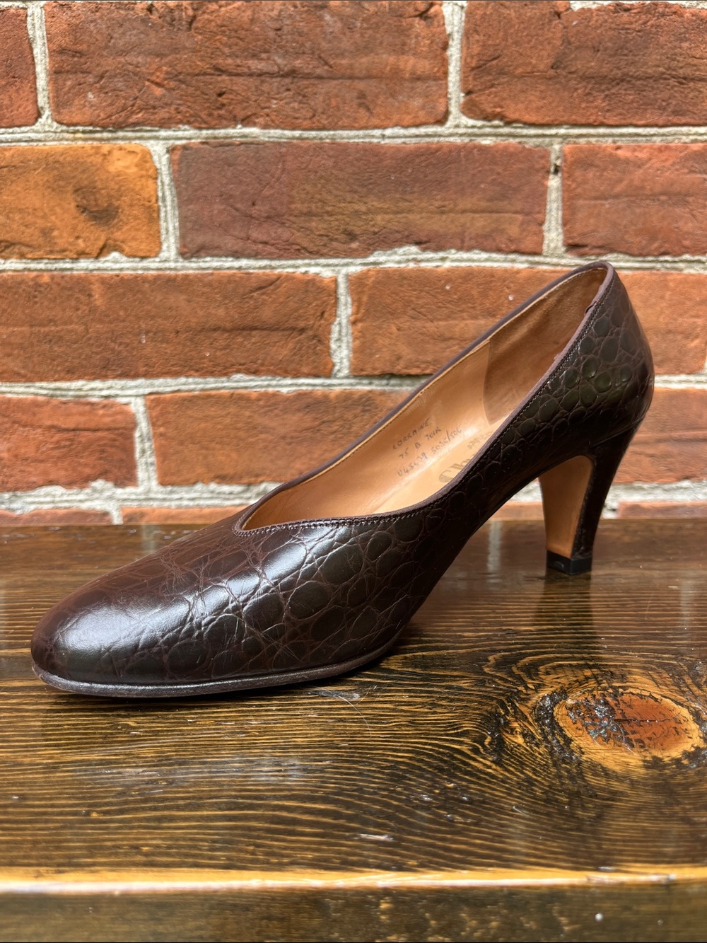 Vintage Church's Lorraine Dark Brown Mock Croc Leather Block Heel Pumps
